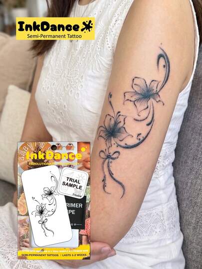 1 Kit "Floral Swirl" New Technology Tattoo Sticker, Semi-Permanent, Elegant, Flowing, Ribbon And Flowers, Temporary Tattoo, Fake Tattoo, Waterproof & Long-Lasting Realistic Design, Plant-Based Formula, InkDance Ink Dance, Gift D053