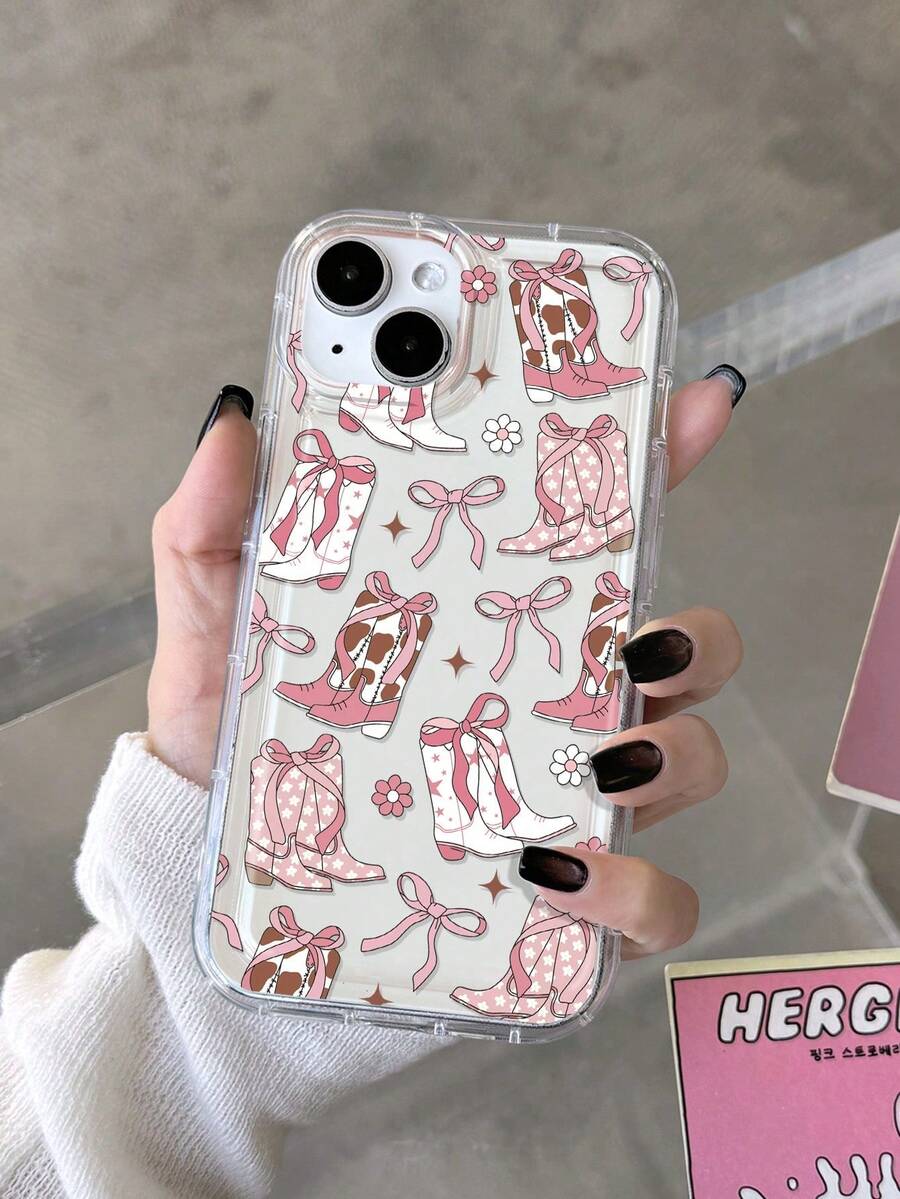 1 Piece Western Apple Aesthetic Phone Case, Creative Bohemian Style With Girl's Bow, Daisy Pattern, Shockproof, Waterproof, Scratch-Resistant, Compatible With IPhone 11/12/13/14/15 Pro Max - Clear - View 1