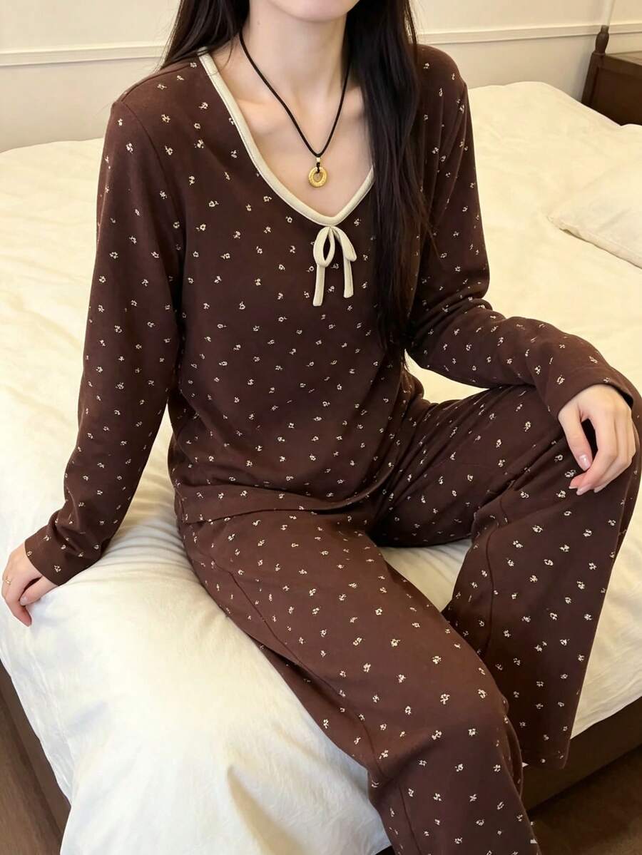 2pcs Women's Pajama Set, Pullover Round Neck Ditsy Floral Romantic Fashion Long Sleeve Long Pants, Comfortable For Home Wear - Brown - View 1