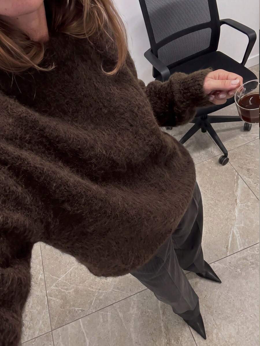 FOR BEAUTY Fall Winter Women Sweaters Y2K Elegant Brown Fluffy Knit Long Sleeve Crew Neck Oversized Sweater Casual Party Going Out Vacation Look Tops - Brown - View 1