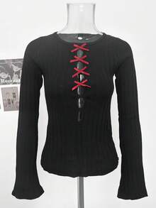 Atasan Rajut Slim Fit Terbaru Musim Gugur dengan Hiasan Pita dan Lubang, Warna Hitam - Hitam - View 7