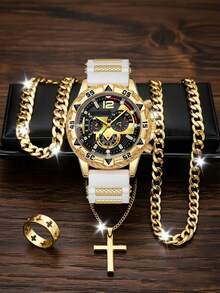 Men 5Pcs Gold Quartz Watch Jewelry Set,Silicone Strap Chronograph Large Dial Watch Cross Necklace Bracelet Ring Hip Hop Daily Gift Set - Set - View 13