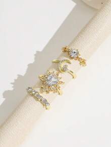 4 piezas Anillos vintage de oro con luna & corazón con strass, Anillo de girasol de oro con strass, Conjunto de anillos con elementos de corazón & luna totalmente con strass para mujeres - Dorado - Ver 3