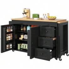 Extendable Kitchen Island With Storage 116–179.5 Cm, Extendable Countertop Up To Max. 69.5 Cm, With 3 Drawers, Side Snack Shelves & Casters, White/Black - Black - View 7