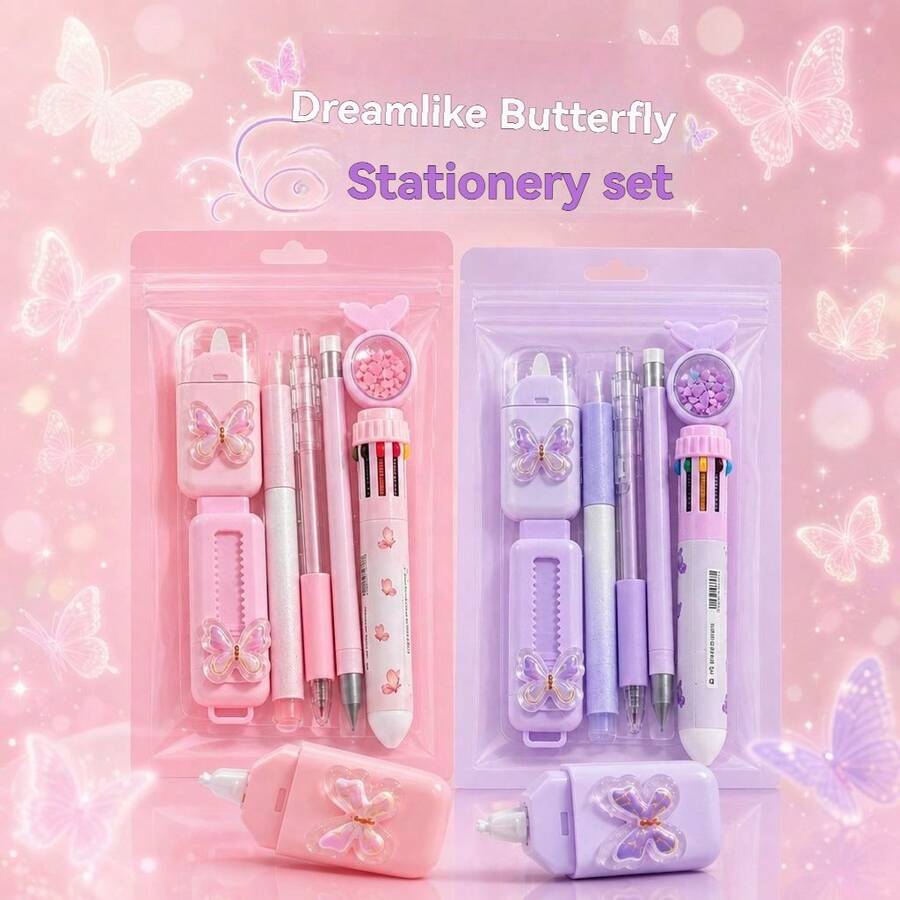 1 Set New Dreamy Butterfly Stationery Set, Multi-Functional Learning Supplies, Student Class Reward Gift Prize - Multicolor - View 1