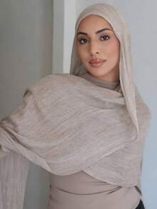 1pc Crinkle Rayon Hijab Fringe Edge Soft Cotton Linen Feel Muslim Women Head Scarf Solid Color Modest Shawl - Multicolor - View 3
