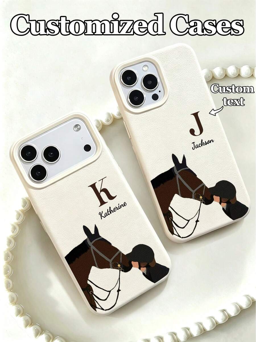 1pc Customizable Phone Case With Rider And Horse Pattern Design, Compatible With 17 Pro Max/17 Air/16E/16 Pro Max/15/14 Plus/13/12/11, S24/20 Ultra/A52S/A31 A21S/A13/A05S, Note 13 Pro Plus/Note 10/Note 12C/Note 13C, Equestrian Theme - White - View 1