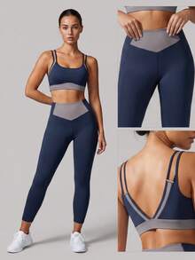 Sodalemon Women's Colorblock Gym Set, 2-Piece Set With Double Strap Sports Bra And Butt-Lifting Running Fitness Yoga Leggings - Navy Blue - View 9