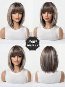 10 Inch Brown And Ash Brown Bob Wigs For Women, Short Straight Layered Synthetic Hair Wigs With Full Bangs And Natural Highlights, Soft Heat Resistant Fiber, Easy Wear For Daily Work, Office, School, Halloween, Cosplay, Retro Parties And Date Night - Multicolor - View 7