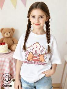 Summer & Autumn Girls' Cotton Short Sleeve T-Shirt, Cute Sweet Girly Preppy Style With Fun Printed Graphics - White - View 2