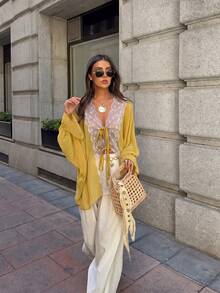 Women's Yellow Lace Patchwork Tie Front Blouse, Ruffle Flare Cuff Loose Batwing Sleeve Cardigan, Casual Daily Chiffon Outer Wear - Yellow - View 5
