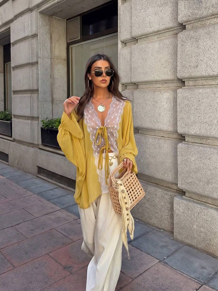 Women's Yellow Lace Patchwork Tie Front Blouse, Ruffle Flare Cuff Loose Batwing Sleeve Cardigan, Casual Daily Chiffon Outer Wear - Yellow - View 1