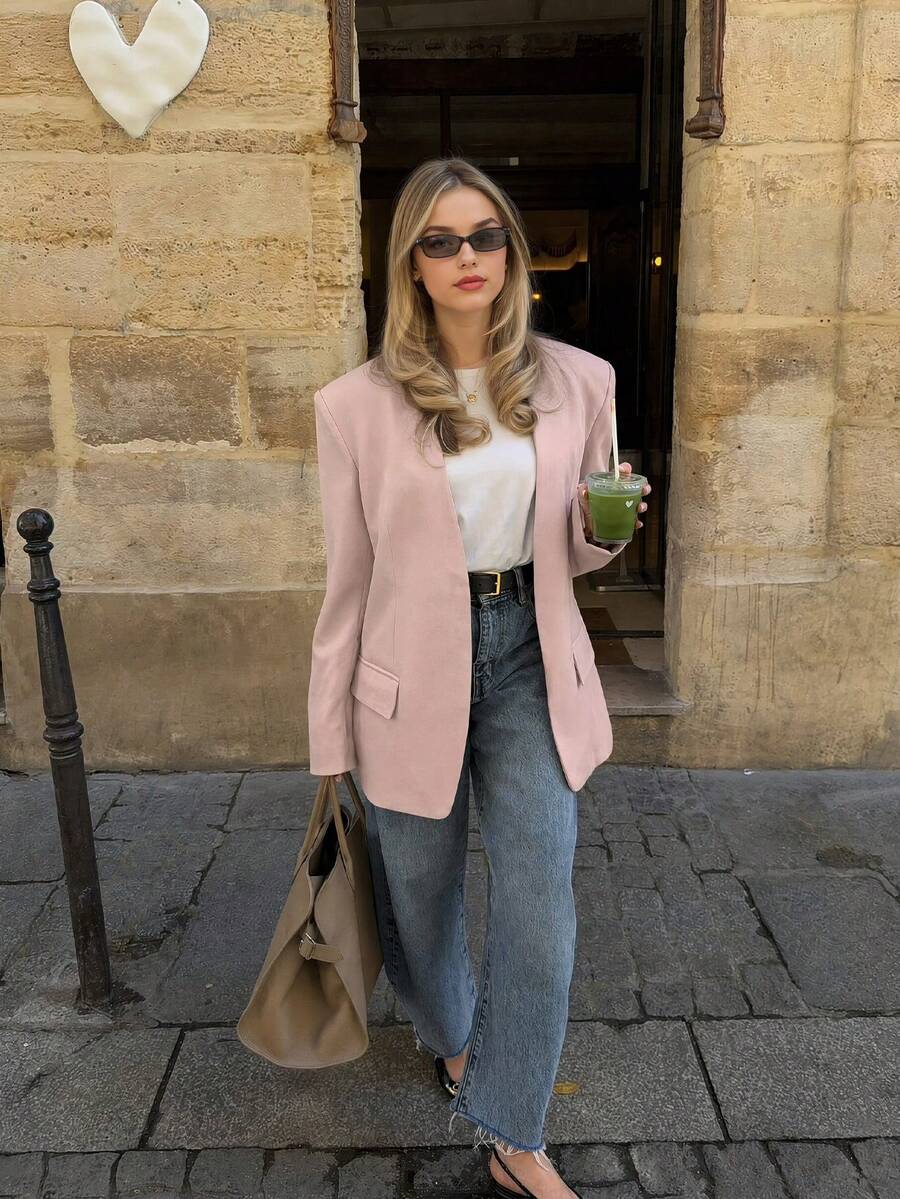 ACKCER Women's Fall & Winter V-Neck Blazer, Commute Versatile Loose Fit Jacket - Pink - View 1