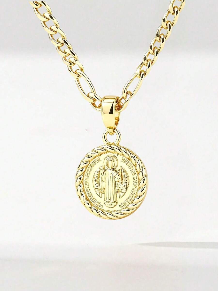 1pc Fashionable Vintage Religious Pendant Necklace For Women, Classic St. Benedict Pendant Design, Inlaid With Sparkling Zirconia, Luxurious And Exquisite Texture. Comes With 50cm Chain, Comfortable And Tangle-Free, Vintage Elegant With Sacred Charm, Perfect For Daily Wear, Religious Worship And Gifts. - Yellow Gold - View 1
