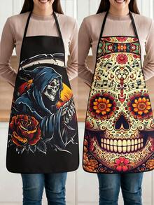 4pcs Day Of The Dead & Halloween Graphic Kitchen Apron, Sugar Skull Couple Grim Reaper Wizard Print Adjustable Cooking Apron For Holiday Party Decor - Multicolor - View 2