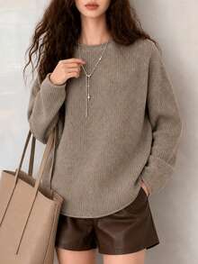 Women's Autumn/Winter Casual Elegant Minimalist Slimming Vertical Textured Crew Neck Pullover Sweater Fall - Camel - View 4