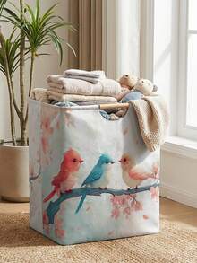 1PC Storage Basket, Laundry Hamper, Laundry Basket, Storage Bucket With Bird Print Design, Foldable Multi-Purpose Storage Bin With Wooden Handle For Daily Clothes Storage & Organization - Multicolor - View 10