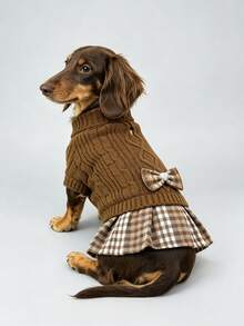 Dachshund High Neck Dog Sweater Dress, Classic Cable Knit Sausage Dog Sweater Dress With Bow Knot, Soft Elastic Warm Winter Dachshund Clothes, Suitable For Dackel Teckel Dogs - Brown - View 5