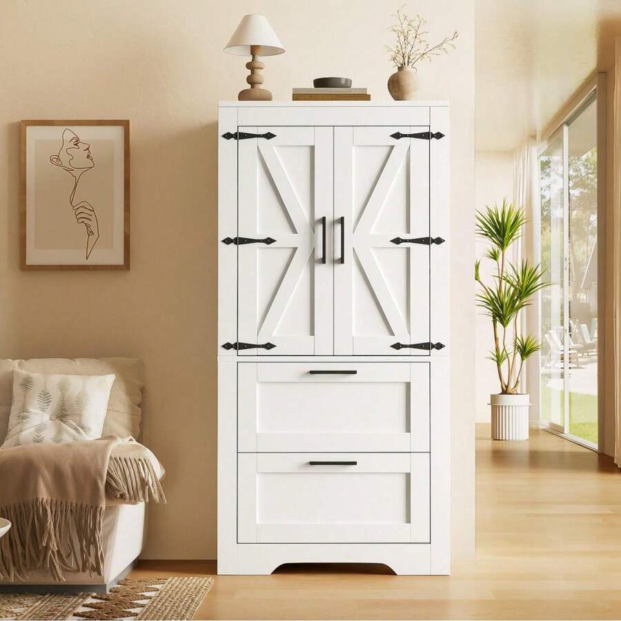 Rustic Style Kitchen Cabinet With 2 Drawers And Adjustable Shelves, Barn Door Design Side Cabinet, Suitable As Storage Furniture For The Kitchen, Dining Room And Living Room, White Color. - 1 - View 1