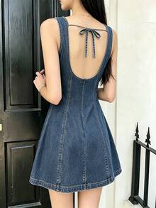 Women Denim Dresses - Dark Wash - View 10