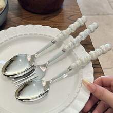 2/10/20pcs Beautiful Pearl Shaped Stainless Steel Tableware Silverware Set, Golden,Including Ceramic Handle Spoons, Forks, Unique And Elegant Porcelain With Shell Luster, Kitchen Tools And Accessories, Perfect For Restaurants, Daily Family Meals - Multicolor - View 9