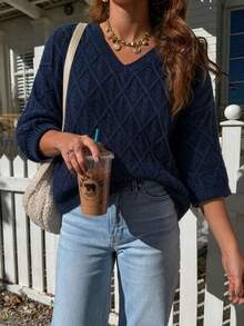 Plus Size Women's Navy Blue V-Neck Loose Short Knit Sweater With Diamond Cable Textured Pattern, 3/4 Sleeves, Autumn Outfits Women Fall - Royal Blue - View 1