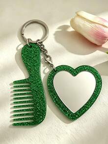 Acrylic Glittering Heart-Shaped Mirror, Comb Set, Keychain, Bag, Pendant, Exquisite Essential Makeup Items For Girls - Love - View 9