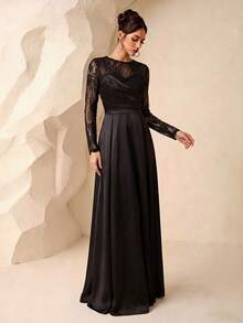 Gaun Maxi Satin Hitam Elegan dengan Leher Bulat, Lengan Panjang, dan Patchwork Renda Bunga - Hitam - View 2