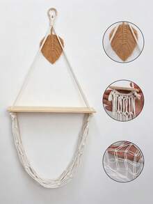 1pc Cream White Decorative Hanging Storage Rack Bohemian Farmhouse Style Triangle Hanging Design Tassel Net Hammock Display Storage Rack Plush Doll Storage Display Rack Bedroom Nursery Living Room Game Room Apartment Home Decor Wall Shelf - Beige - View 7