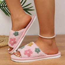 Floral Plant Fresh Soft Fuzzy Comfortable Flat Slippers For Home Floor - Pink - View 4