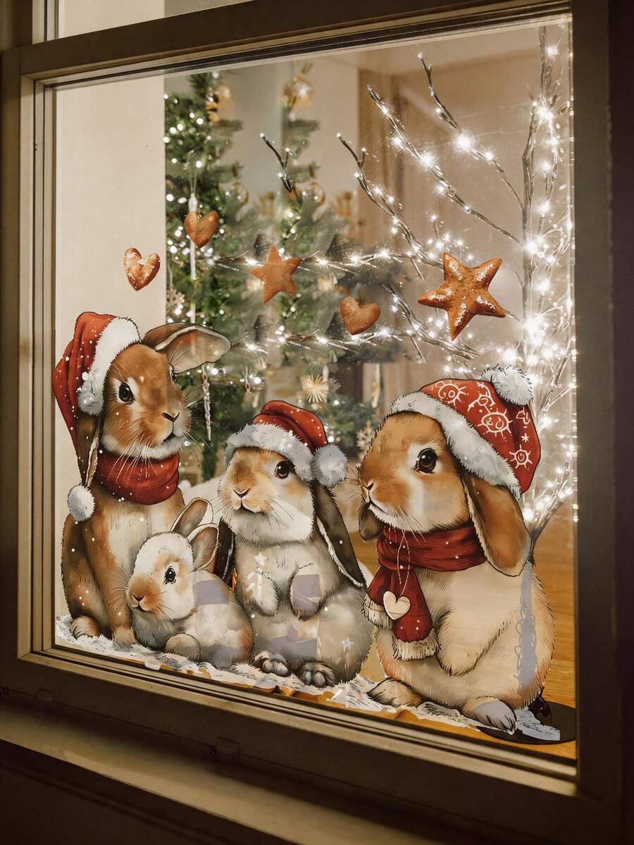1pc 2D Flat-Printed Christmas-Themed Rabbit Glass Sticker, Electrostatic Adhesion, Reusable, Suitable For Indoor Windows, Used For Window Decoration And Holiday Decor, Easy To Install And Remove, Can Be Used As A Holiday Gift. - Multi-color - View 1