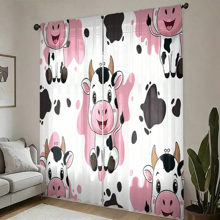 2pcs Pink Cartoon Cow Pattern Printed Semi-Sheer Curtains, 90GSM Polyester Semi-Sheer Privacy Protection, Easy Installation, Quick Dry, Washable Without Fading, Lightweight Removable Curtains, Suitable For Home, Room, Kitchen And Other Partitions Or Decoration - Multicolor - View 9