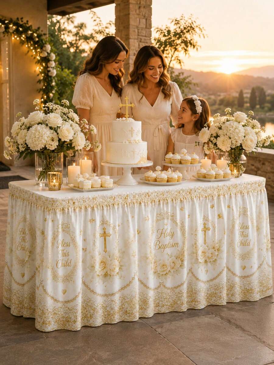 Baptism Table Skirt, White And Gold Cross Theme Polyester Tablecloth With Roses, Pearls And Elegant Religious Patterns, Baby Baptism Ceremony Celebration Decoration - A - View 1