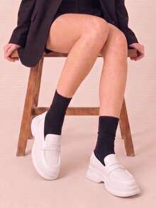 新款女款復古英倫風厚底百搭一腳蹬樂福鞋 - 白色 - 查看 2