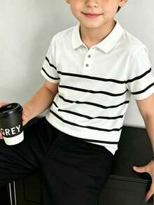 Big Kids Classic Colorblock Striped Knit Polo Shirt, Breathable Lightweight Casual Knit Top - White - View 7