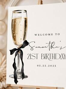 1pc Customizable Champagne-Style Birthday Welcome Sign, Customizable Name And Date, Elegant Black Bow Design, Suitable For 21st/30th/40th Birthday Party Decor, Home Decor, Party Decoration - Multicolor - View 3
