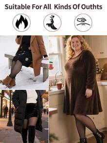 1pc Plus Size Women's Winter Warm Semi-Sheer Lined Leggings, Thermal Tights, High Elasticity Skin-Friendly Comfortable Base Layer - Black - View 4