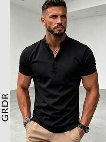 GRDR Men's Summer Fashion Classic Solid Color Henley Collar Short Sleeve, Business Casual Essential Item, Summer Window Display Must-Have - Black - View 4