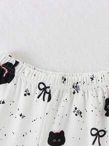 Cute Black Cat Print Pajama Set For Young Girl, V-Neck Frill Trim Long Sleeve Top And Long Pants, 2 Pieces Children's Loungewear - White - View 8
