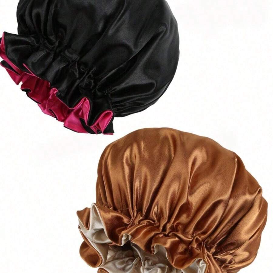 2 Buah Topi Tidur Satin Elegan dan Bernapas - Topi Tidur Elastis, Ruffle Dua Lapis, Topi Tidur Satin Sutra Wanita - Hitam - View 1