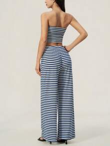TimeOff Women's One Set Striped Strapless Bandeau Tank Top With Waist Drawstring And Side Pockets Wide Leg Pants 2 Pieces Set - Royal Blue - View 10