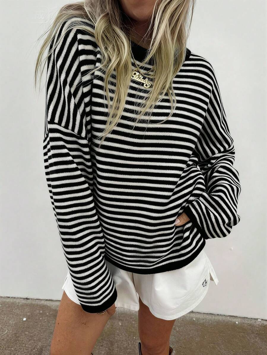HoloChill Halloween Women's Young Influencer Casual Style Colorblock Striped Crew Neck Pullover Long Sleeve Sweater, Fall/Winter Casual New Versatile Top, Comfortable Women's Striped Pullover Sweater, Fashion Long Sleeve Crew Neck Sweater, High Elastic Knit Fabric College Style Regular Fit, Women's Autumn/Winter Outing Outfit Sweater, Back To School Season, Fall/Winter Luxury Christmas