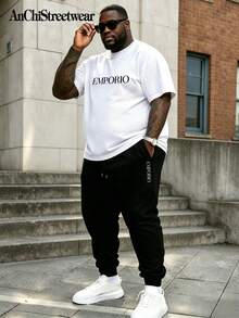 2pcs/Set Plus Size Men's Streetwear Casual English Graphic Short Sleeve T-Shirt And Pants Set, Suitable For Street, Outdoor, And Daily Wear - Multicolor - View 1