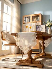 HXARTMIS 1pc Vintage Exquisite Gold Thread Embroidered Water-Soluble Lace Table Runner, European Style Hollow Pointed Table Runner, Suitable For Wedding, Dining Table And Home Decor - White/Coffee - View 2