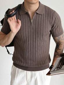 Men's Unisex POLO Collar Knit Sweater, Daily Commute Casual Versatile Solid Color Textured Half-Open Neck Short Sleeve Loose Knit Top, Spring/Summer - Brown - View 2