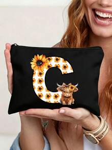 Cute Highland Cow Sunflower Letter Print Multifunctional Cosmetic Bag, Reusable, Storage Bag, Featuring Patterned Print Design, Lightweight Cosmetic And Toiletry Storage Bag, Medical Tool Kit, Zippered Makeup Bag, Lightweight Coin Purse, Toiletry Bag, Storage Bag, Travel Accessory, Shopping Essential - Multicolor - View 5