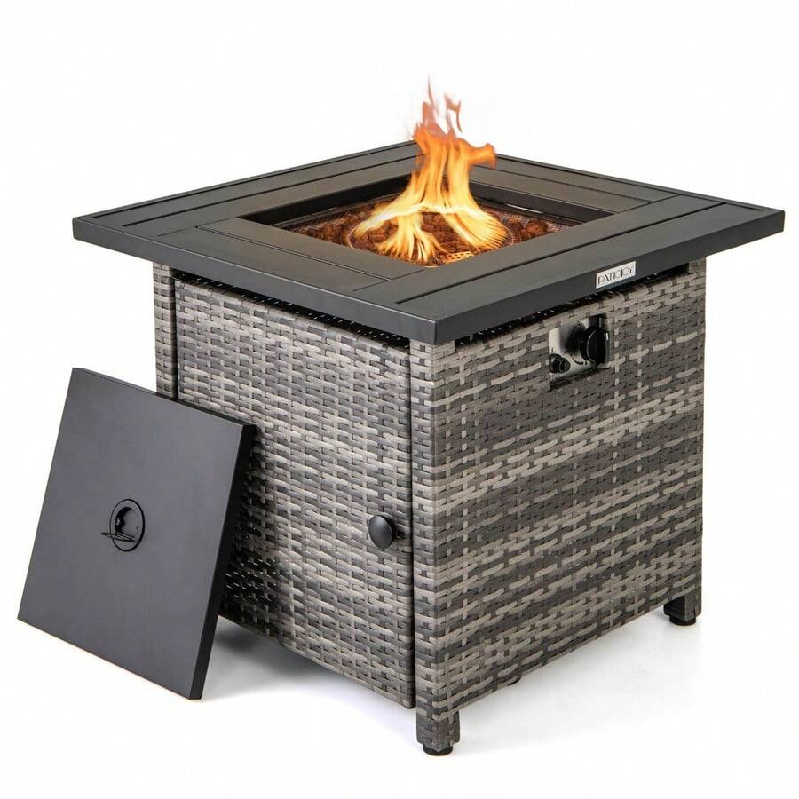 29" Propane Rattan Firepit Table W/ Lava Rocks & Protective Cover Metal Frame - Default - View 1
