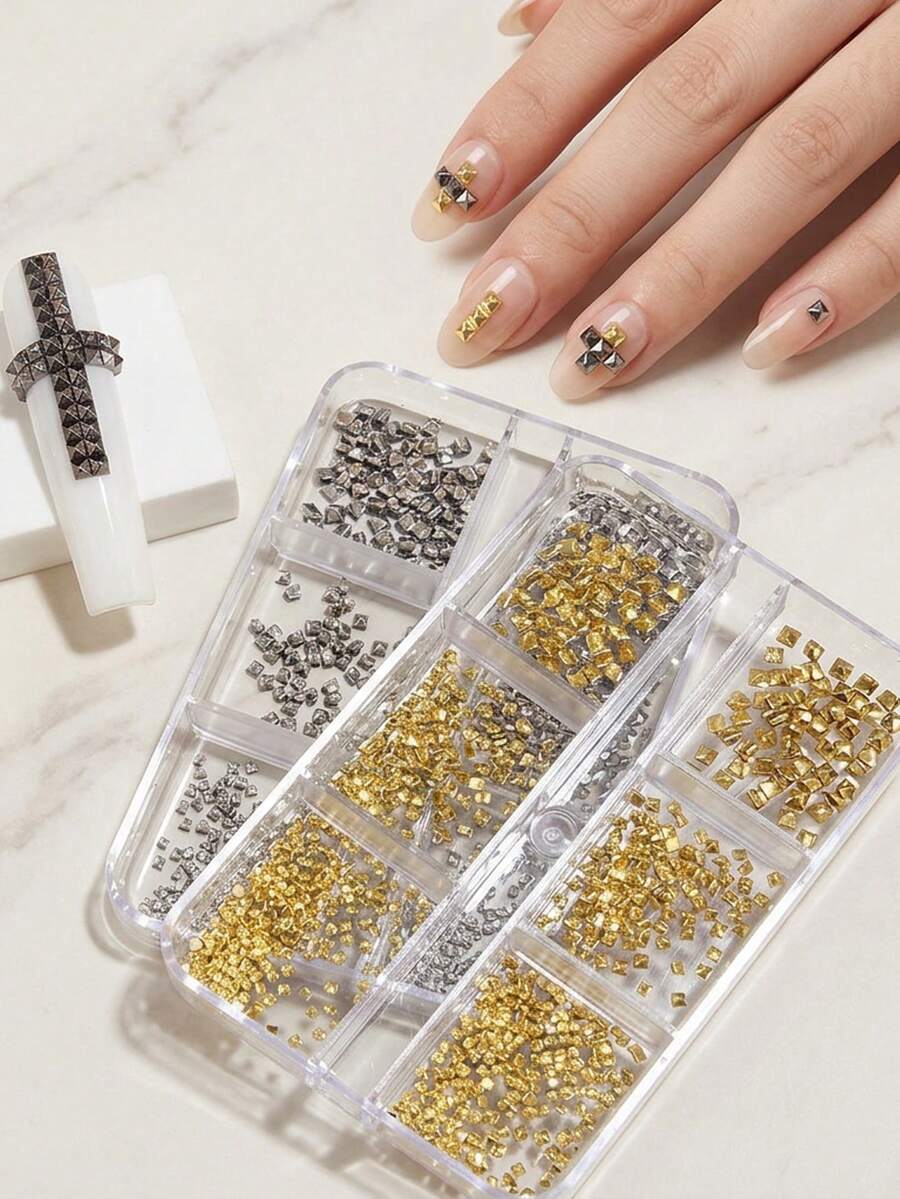6pcs 3D Punk Square Pyramid Metal Nail Studs, Gold/Silver/Gun Black Alloy Square Rivet Nail Art Decorations, Gothic Rock Style DIY Salon Nail Decor Accessories