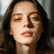 8 Peças Tatuagens Temporárias Metálicas Douradas de Sardas para Rosto, Adesivos Brilhantes de Coração, Lábio e Estrela para Rosto, Tatuagens de Transferência de Sardas com Glitter à Prova d'Água para Maquiagem de Festival, Rave, Festa e Fantasia de Halloween - Dourado - Visão 5