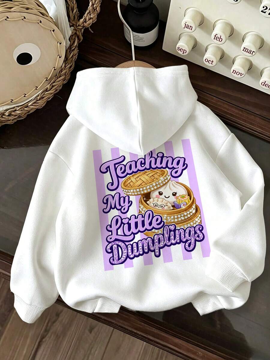 Kawaii Steamed Bun Print Girls Hooded Sweatshirt, Fun Letter Back Graphic Casual Top - White - View 1